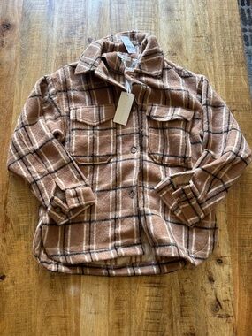 Little Lies Plaid Shacket Jacket in Camel Brown check 50% wool blend NEW NWT
